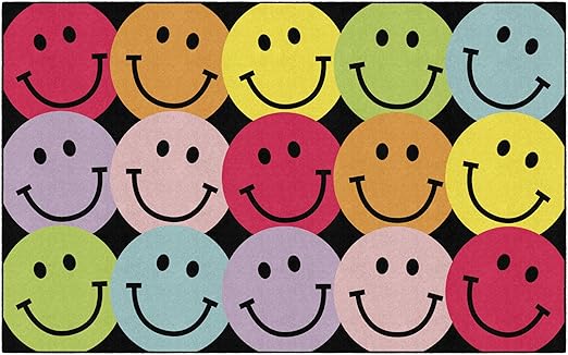 Flagship Carpets Schoolgirl Style Big Rainbow Smiley Faces Educational Area Rug for Kids Room Seating Décor, Children's Classroom, Play Carpet for Teaching and Playroom, 7'6" x 12', Black & Multi
