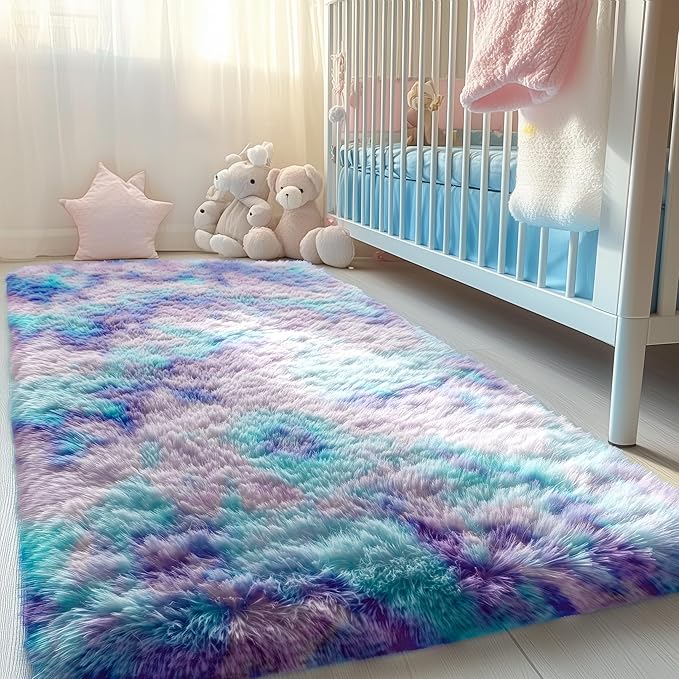 PAGISOFE Furry Rainbow Rugs for Bedroom Girls, 2x4 Soft Purple Shag Tent Rugs for Livingroom, Bedside, Kids Room, Nursery, Home Decor, Fluffy Fuzzy Carpet Plush Mermaid Kawaii Throw Rug Pink Rug