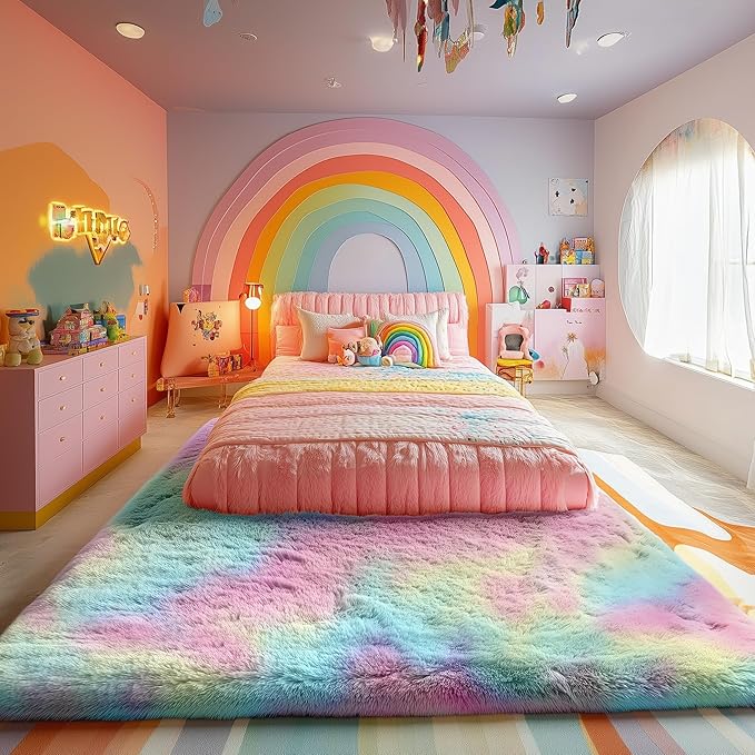 PAGISOFE 4x6 Rainbow Fluffy Soft Plush Area Rugs for Girls Bedroom, Shaggy Rugs for Kids Playroom,Kawaii Princess Fuzzy Rugs for Nursery Baby Toddler,Cute Colorful Room Decor for Teenage