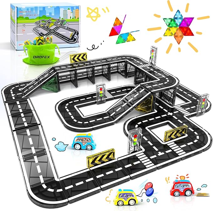 82pcs Magnetic Tiles Road, Magnetic Building Blocks Construction Toys for 3+Year Old Boys Girls, Kids Montessori Toys for Toddler, STEM Learning Gifts