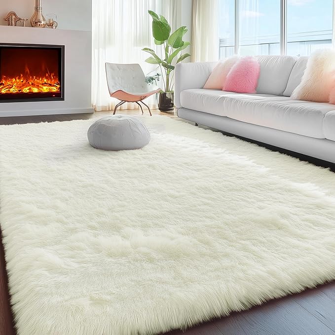 PAGISOFE Machine Washable Area Rugs for Living Room 6x9 Ft,Cream White Soft Fuzzy Shaggy Rugs for Bedroom, Office Ivory Nursery Carpet Boys Girls Dorm Pastel Rug for Kids Room Home Decor Aesthetic