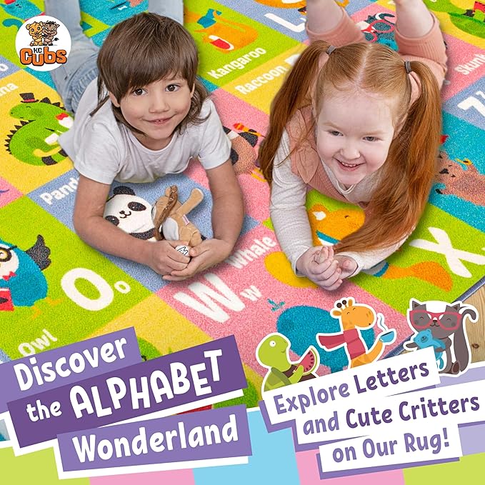 KC CUBS ABC Alphabet Animal Educational Learning & Fun Game Play Area Non Slip Boy & Girl Kids Rug Carpet for Children Bedroom, Toddler Classroom Daycare and Baby Playroom Floor Mat, Playtime Activity