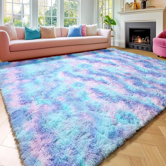 Amdrebio Purple Rainbow Mermaid Rugs 8x10 for Girls Bedroom Decor, Soft Plush Fluffy Kawaii Area Rugs for Kids Room Nursery Playroom Classroom, Large Cute Stitch Frozen Fuzzy Furry Baby Toddler Carpet