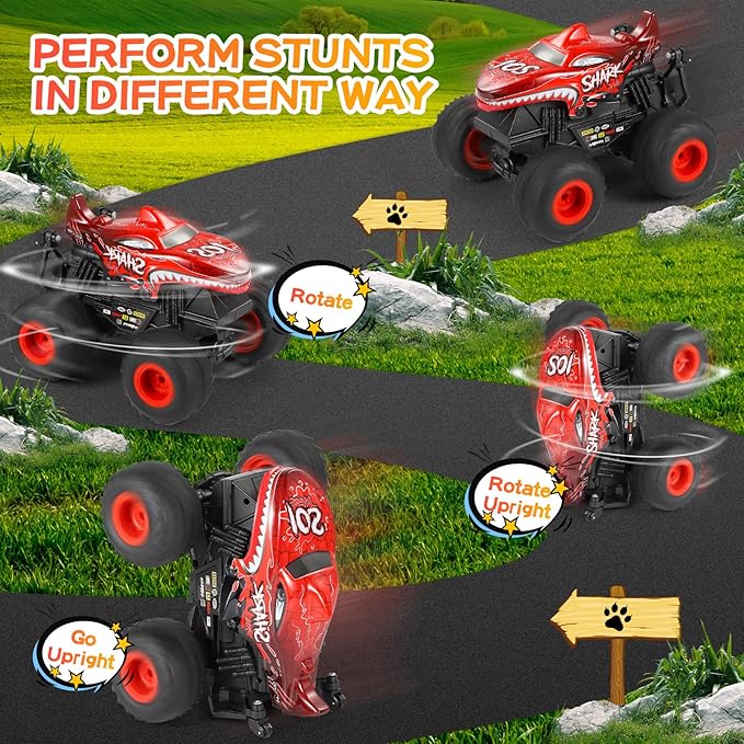 Remote Control Car, 2.4Ghz All Terrain Shark Monster Truck Toys, RC Truck with Music, 3 Lighting Effects, 360 Stunt Capable, All Included Ready to Run, Toy Gifts for Boys and Girls (Red)