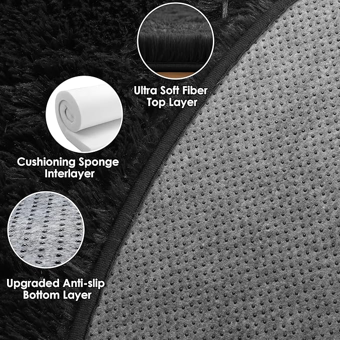 ONASAR Black Round Area Rugs 6ft, Ultra Soft Bedroom Circle Rug for Kids Girls Boys Teen Room, Fluffy Plush Shaggy Carpet Floor Mats for Baby Nursery Living Room Playroom Dorm Home Decor