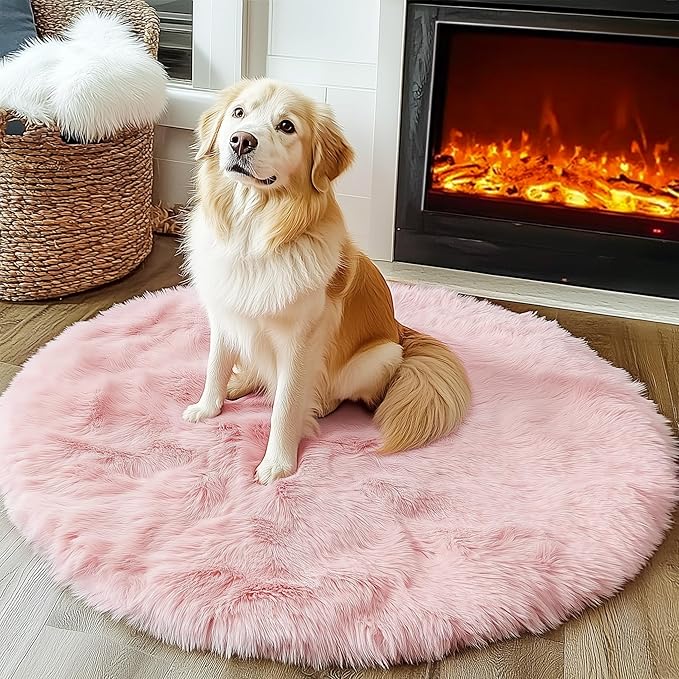 ONASAR Light Pink Round Area Rugs 3ft for Bedroom Living Room, Fluffy Cat Dog Bed Mat, Washable Circle Rug for Kids Girls Boys Teen, Soft Plush Shaggy Carpet for Nursery Dorm Home Decor Aesthetic