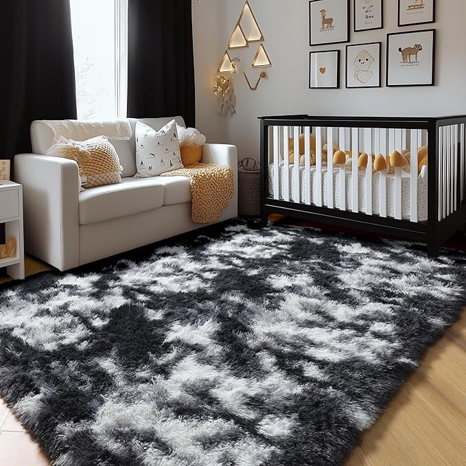 Amdrebio Black White Grey Area Rugs for Living Room, 6x9, Soft Fluffy Rug for Bedroom, Furry Plush Rugs for Kids Room, Modern Large Shaggy Rug for Men Teen Boys, Aesthetic Cool Floor Carpet for Dorm