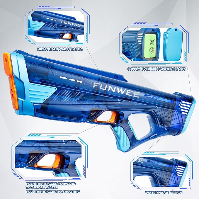 2 Pack Electric Water Gun for Adults Kids, Powerful Automatic Squirt Gun, High Powered Shooting 100+ Times, Long Range, Auto Water Blaster, Pool Outdoor Water Toy(Transparent Blue+Red)