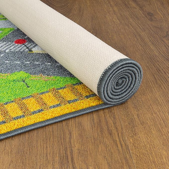 KC Cubs Playtime Collection Country Farm Road Map with Construction Site Educational Learning Area Rug Carpet for Kids and Children Bedroom and Playroom (5' 0" x 6' 6")