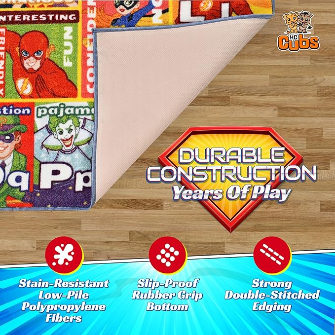 KC Cubs | DC Super Hero ABC Alphabet Traits & Emotions Educational Learning & Game Area Rug Carpet for Kids and Children Bedrooms and Playroom