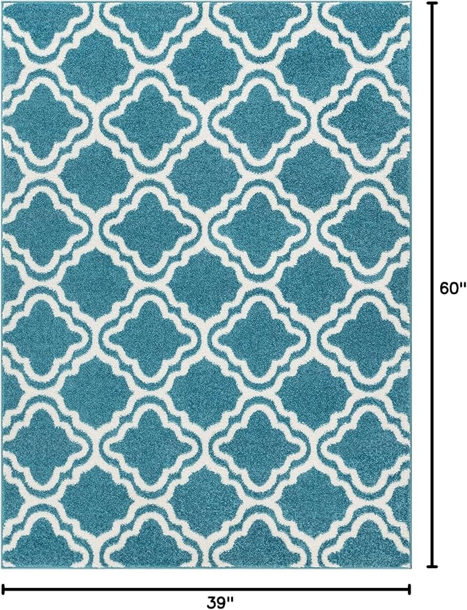 Modern Rug Calipso Blue 3'3" x 5' Lattice Trellis Accent Area Rug Entryway Bright Kids Room Kitchn Bedroom Carpet Bathroom Soft Durable Area Rug