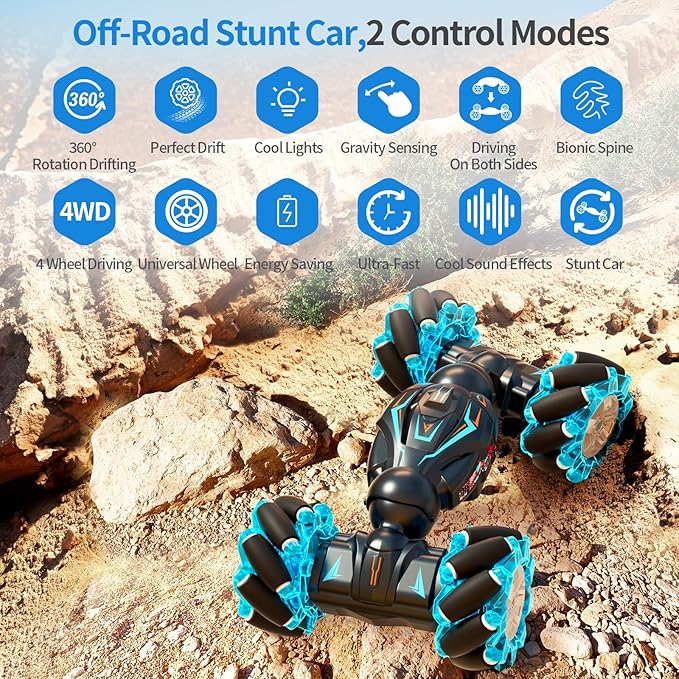 1:12 RC Stunt Car, 2.4GHz 4WD Remote Control Gesture Sensor Toy Cars, Double Sided Rotating Off Road Vehicle 360° Flips with Lights Music, Toy Cars for Boys & Girls Birthday