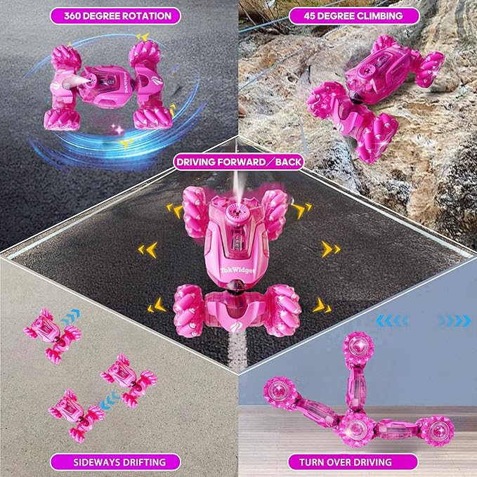 Pink Remote Control Car for Girls, RC Gesture Control Stunt Car with Light & Music，4WD 360° Spins All Terrains Kids Toys rc Cars, 6-12 Girls Birthday Gift, Best Gift for Girls 4-11