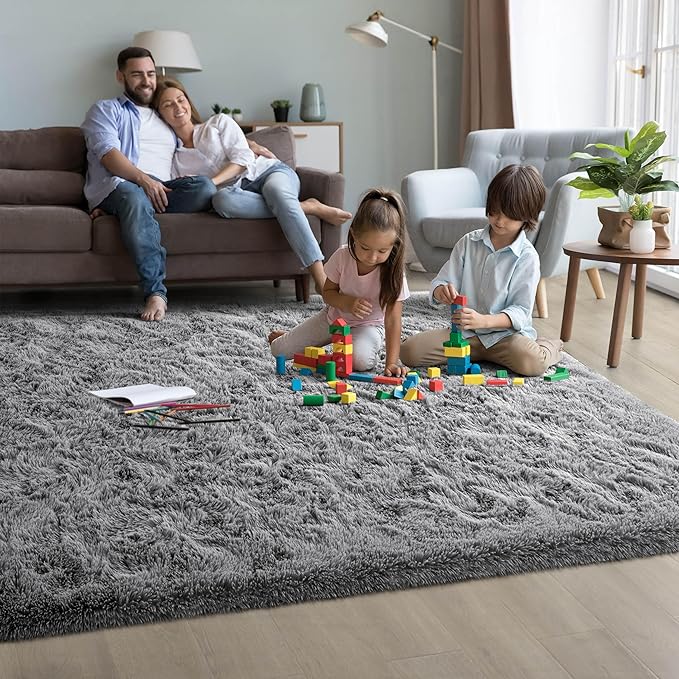Grey Fluffy Soft Living Room Bedroom Rug, 4x6 Area Rugs Super Soft Shaggy Carpet for Living Room Classroom Kids Babys Playroom Toddler Nursery Dorm Home Decor, Modern Indoor Non Slip Rug