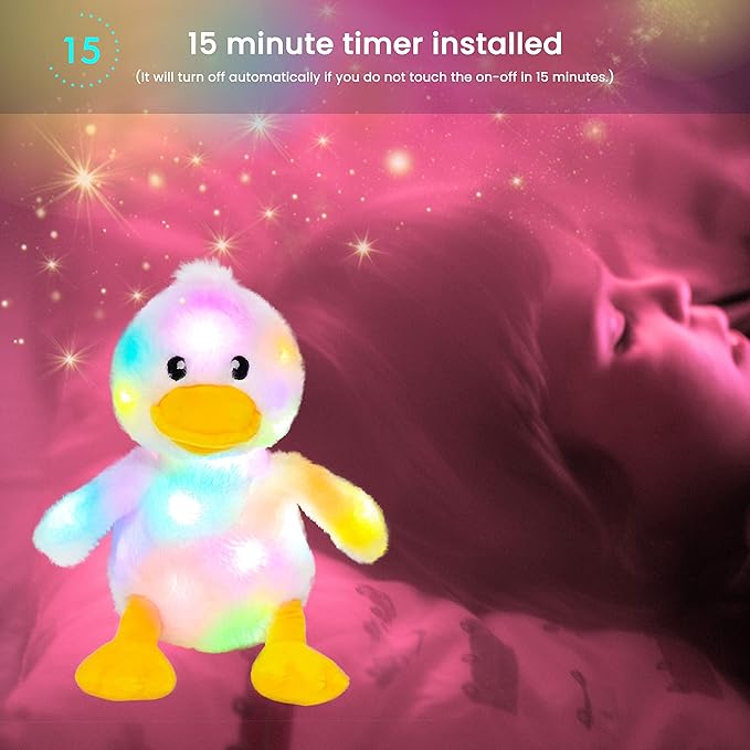 Hopearl Easter LED Plush Duck Light up Stuffed Duckling Farm Animal Floppy Night Lights Glow in The Dark Birthday Gifts for Kids Toddler Girls, White, 12''