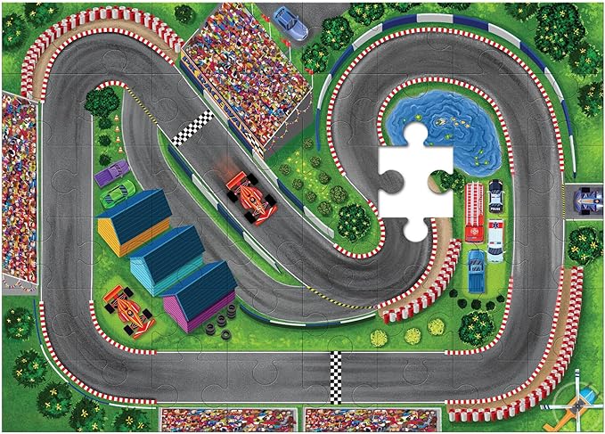 Peaceable Kingdom Puzzle & Play: Race Day - Floor Puzzle for Kids Ages 3 and Up - Includes 3 Wooden Vehicles to Zoom Around The Race Track Puzzle for a Double Dose of Fun - Measures 26” x 36”