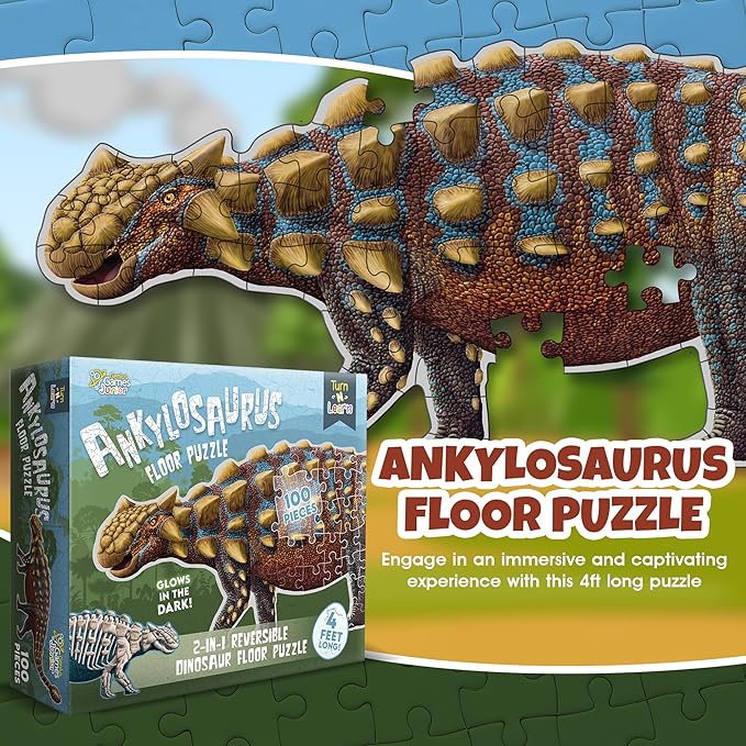 Ankylosaurus Dinosaur Jigsaw Puzzle | 100-Piece Double Sided Floor Puzzle with Glow-in-The-Dark Skeleton On Other Side | 4 FT Scientifically Accurate Dino Illustration | Educational Toy for Kids