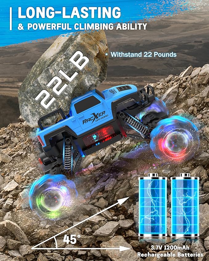 Programmable RC Stunt Truck, 1:12 Remote Control Monster Car with 360° Spin, Drift, One-Key Demo, 4WD All-Offroad Cars with Spray Music Dance Hobby Truck Gifts for 6-12 Boys Girls Christmas (Blue)