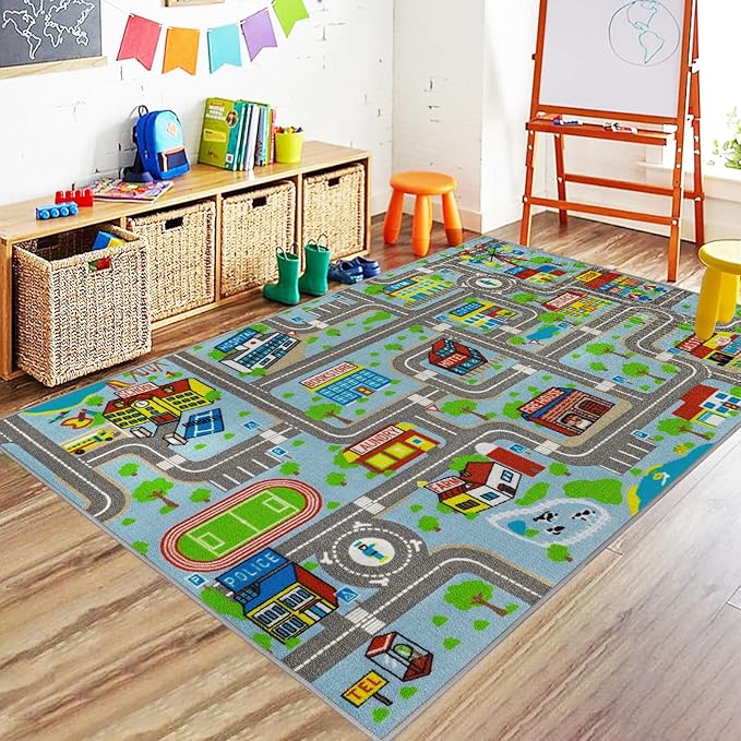Capslpad Sky Blue Car Road Kid Rug Carpet Playmat for Playoom Traffic Road Kids Play Mat for Toddler Non Slip Washable City Map Race Track Carpet Rug for Kids Room Bedroom Nursery Room Decor,5.2'x3.3'