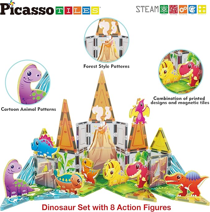 PicassoTiles Magnet Tiles Building Blocks Dinosaur Theme Set with 8 Magnetized Action Figures Magnetic Construction Build and Play Toys with Magnets STEM Learning Activities for Toddlers 3+ PTQ13