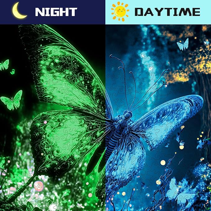 Wooden Puzzles, Fluorescent Butterfly Jigsaw Puzzles 200 Pieces, Unique Shaped Wooden Puzzle for Adults and Kids 9.5 x 12.1 Inch