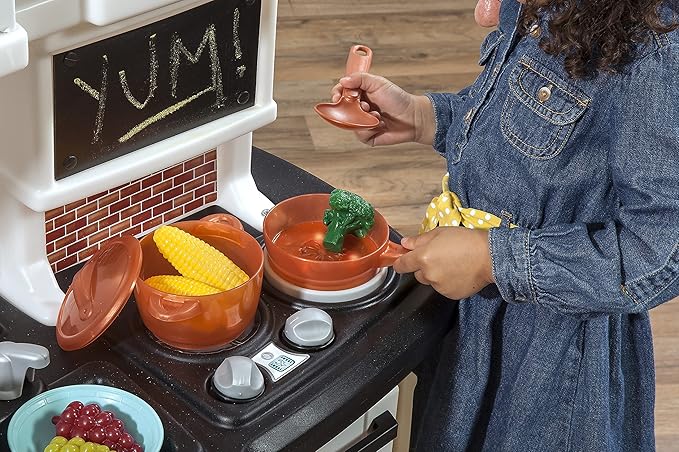 Step2 Great Gourmet Kids Kitchen Playset, Indoor/Outdoor Kitchenette, Interactive Play with Lights and Sounds, Made of Durable Plastic, Includes 33 Piece Toy Accessories, Toddlers 3+ Years Old, Tan