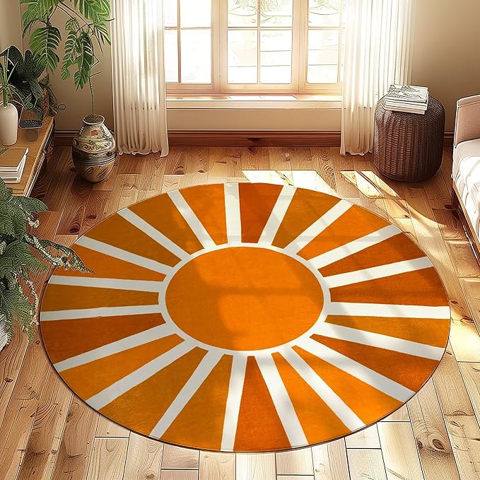 Washable 4Ft Round Sun Area Rug for Living Room, Brown Sun Modern Abstract Boho Circle Rugs, Ultra Thin Low Pile Lightweight Indoor Carpet Mat with Non-Slip Backing for Bedroom Kids Nursery Play Room