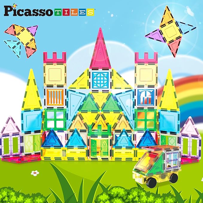 PicassoTiles Magnetic Tiles 101pc Magnet Tile Building Blocks Construction Sensory Toy Set with Storage Carry Case Drawstring Bag STEM Kids Learning Educational Pretend Play Boy Girl Ages 3+ & Up PT06
