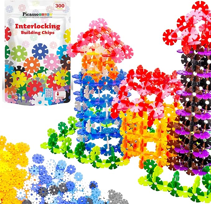 PicassoTiles Construction Building Chips Block 300 Piece Set Interlocking Plastic Disc STEM Learning Toy Creative Education Child Brain Development Play for Toddler Kids Boys Girls Ages 3 & Up PTF300