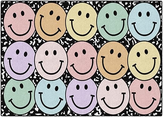 Flagship Carpets Schoolgirl Style Pastel Rainbow Smileys on Notebook Educational Area Rug for Kids Room Seating Décor, Children's Classroom, Play Carpet for Teaching and Playroom, 5' x 7'6", Multi