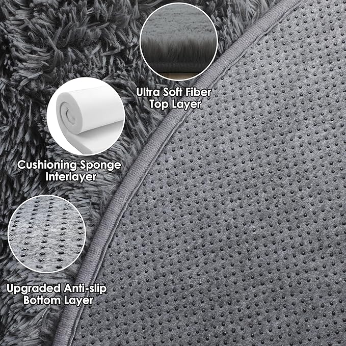 ONASAR Grey Round Area Rugs 5ft, Gray Soft Bedroom Circle Rug Floor Mats for Kids Girls Teen Room, Fluffy Plush Shaggy Carpet for Baby Nursery Living Room Playroom Home Decor Aesthetic