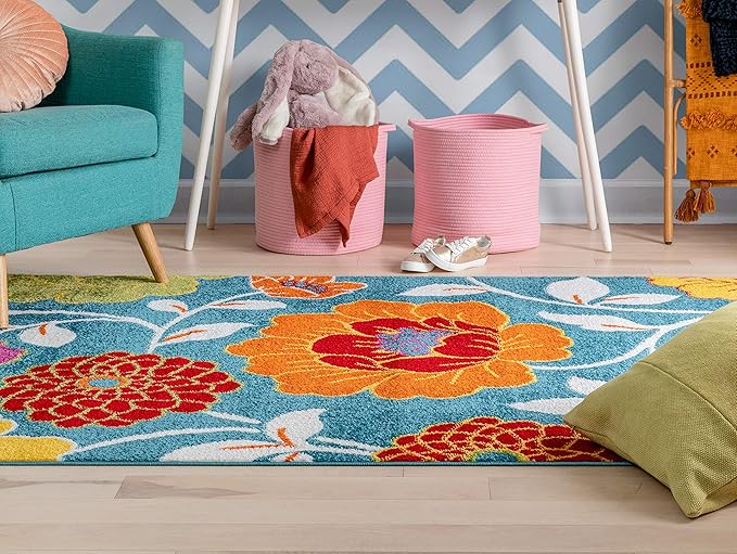 Well Woven Modern Rug Daisy Flowers Blue 3'3" x 5' Floral Accent Area Rug Entryway Bright Kids Room Kitchen Bedroom Carpet Bathroom Soft Durable Area Rug