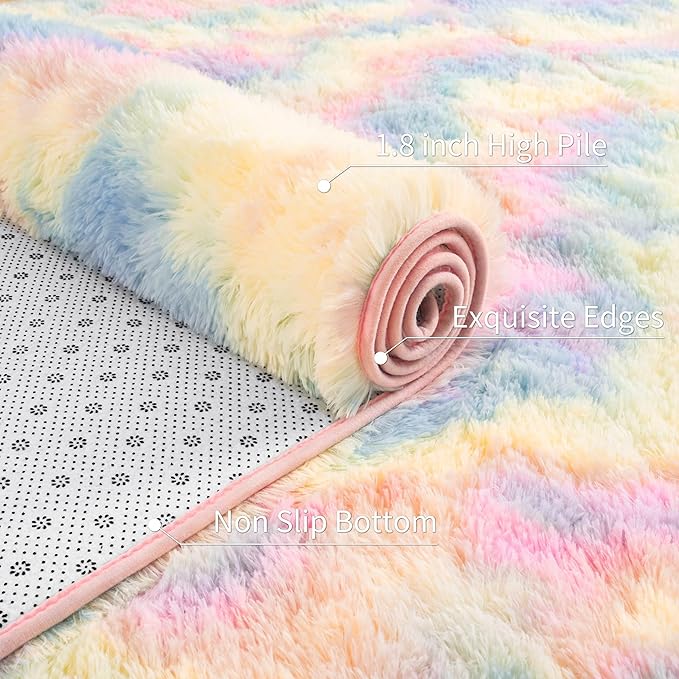 Rainbow Fluffy Rug for Girls Bedroom Soft Carpet, 4x6 Unicorn Rainbow Rug Cute Shag Area Rugs for Dorm Classroom Living Room Baby Toddler Kids Girls Room Nursery, Colorful Kawaii Home Decor