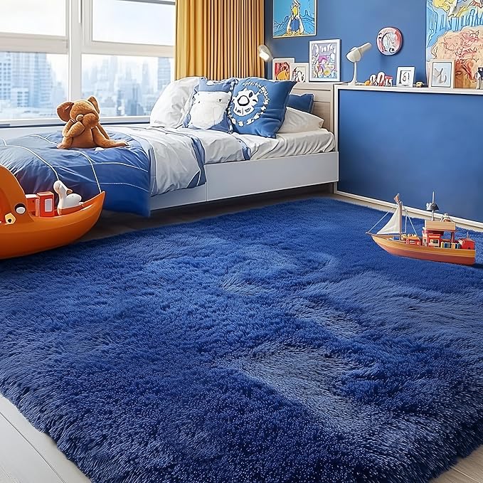 PAGISOFE Navy Blue Rug 5x8 Ft Fluffy Shag Rugs for Living Room Soft Shaggy Machine Washable Large Rugs for Kids Room Carpet Nursery Floor Boys Room Dorm Rug Kid Playroom Navy Area Rug Teen Home Decor