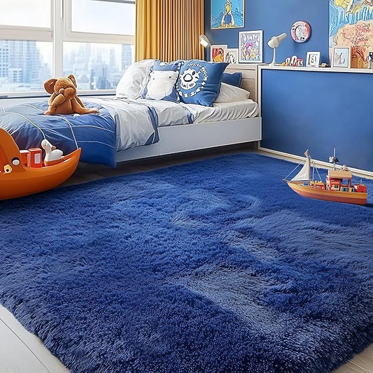 PAGISOFE Blue Rug 4x6 Ft Fluffy Shag Rugs for Bedroom Soft Fuzzy Shaggy Blue Rugs for Living Room Carpet Nursery Floor Boys Room Dorm Rug Kids Playroom Navy Area Rug Teen Home Decor