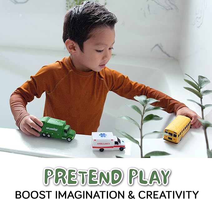 SplashEZ Mold Free Car Bath Toys for Kids | Toddler Bath Toys with No Hole for Water | Vehicles Set Ideal Size for Little Hands | Safe, Durable for Endless Tub Fun | Great for Boys & Girls Ages 0+