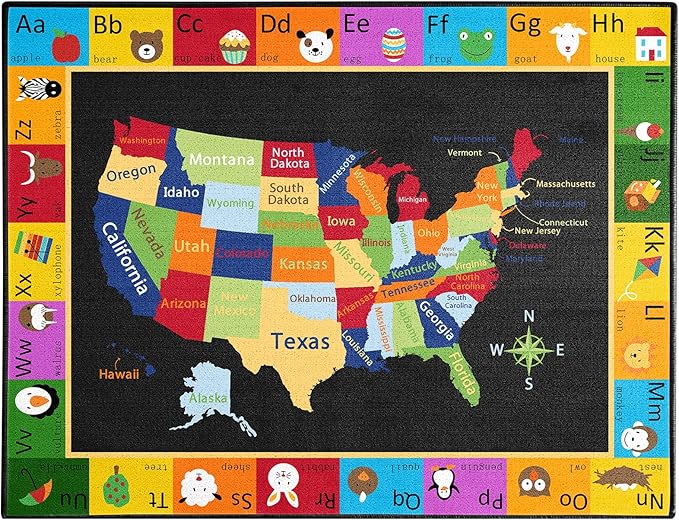 Map Classroom Rug 6'5"x8'5" United States Map Classroom Carpet for Preschool Non Slip Colorful Educational USA Map Black Playmat for Elementary, Nursery, Kids Room