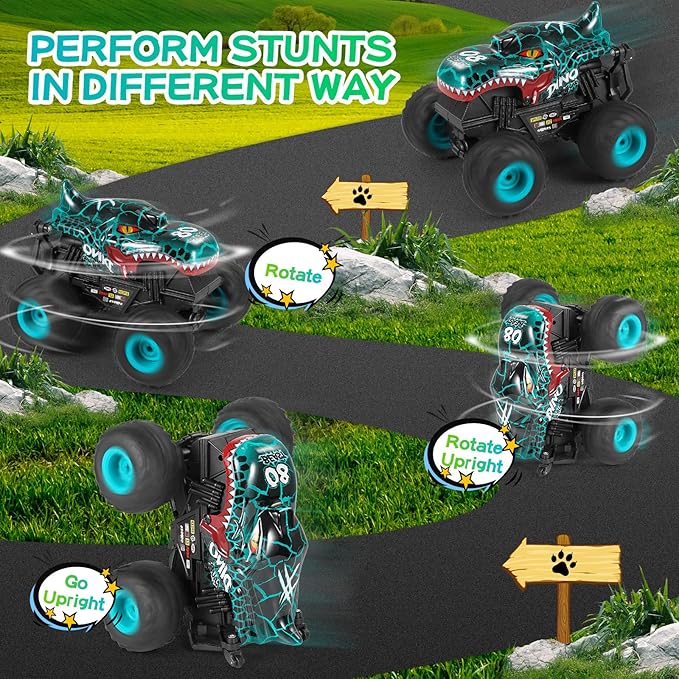 Remote Control Car, 2.4Ghz All Terrain Dinosaur Monster Truck Toys, RC Truck with Music, 3 Lighting Effects, 360 Stunt Capable, All Included Ready to Run, Toy Gifts for Boys and Girls (Cyan)