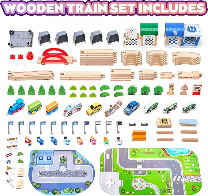172Pcs Wooden Train Set for Toddlers, Wooden Train Track - Expandable and Changeable, Safe Educational Train Toys Gift for Boys & Girls Kids Ages 3-5 4-8, Compatible with All Major Brands