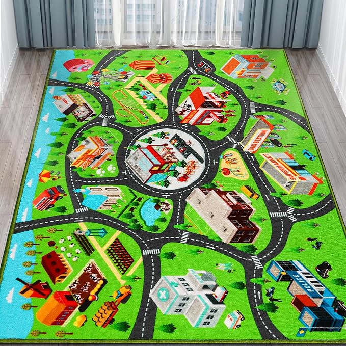 Kids Car Rug Play Mat - Extra Non-Slip Traffic Road Carpet for Playroom, Boys Bedroom, Classroom - City Map Educational Mat (78.7X59 Inch)