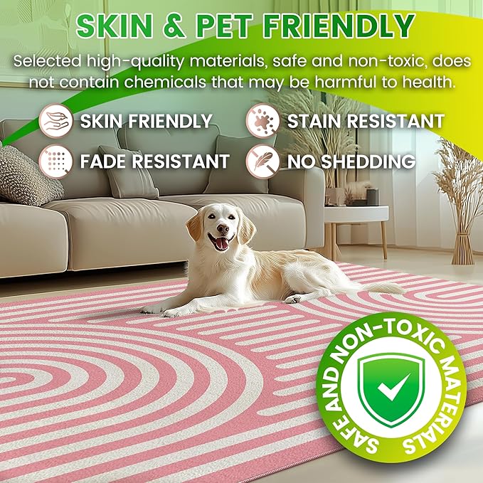 Washable 9x12 Abstract Area Rug for Living Room, Pink Rainbow Modern Boho Throw Rugs, Soft Ultra-Thin Low Pile Stain Resistant Nonslip Indoor Large Carpet for Office Dining Bedroom Playroom Classroom