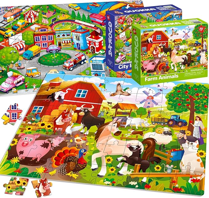 QUOKKA Puzzles for Toddlers 4-6 – 4 x 48 Pieces Jigsaw Puzzles for Kids Ages 3-5 – Learning Farm Animals for 2-4 – Jigsaw Game for Boy and Girl 3-5-7 Year Old