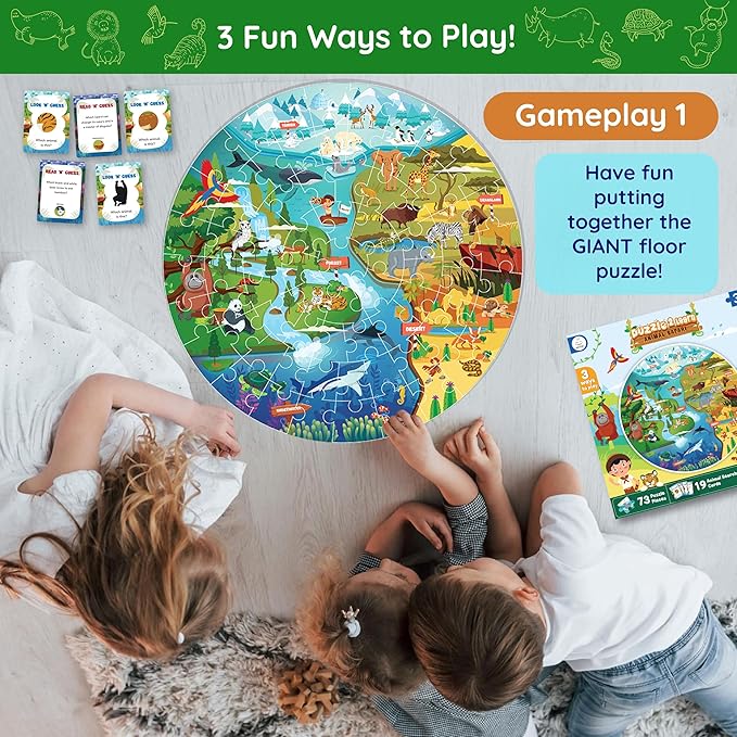 Jumbo 70 Piece Round Floor Puzzles for Kids Ages 3-5, 6-8, Large Jigsaw Puzzle with Educational Flash Cards and 3D Figures | Educational Gift (Animal Safari)