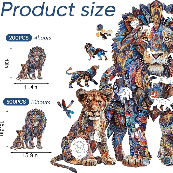 Lion Family 500 Pieces Wooden Puzzles for Adults Jigsaw Puzzles with Unique Shapes Fun Challenging Animal Puzzles for Kids and Couples on Birthday,Thanksgiving,Christmas 15.9" x19.3