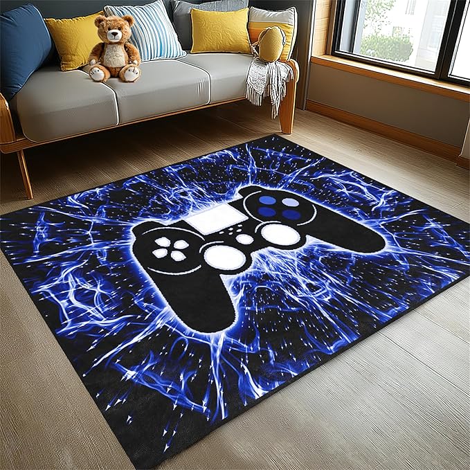 Game Controller Gaming Rugs Art Abstract Background Open Space Gamer Rug Hyperspace Home Decoration for Teen Boys Game Style Bedroom Living Playing Room Black Blue