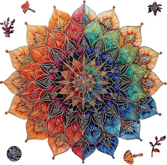 Colorful Mandala Wooden Puzzles for Adults, 200 Piece Unique Shaped Wood Jigsaw Puzzles for Adults and Kids, Fun Challenging Puzzles Family Game Gift, Medium 11.4'' x 11.1''