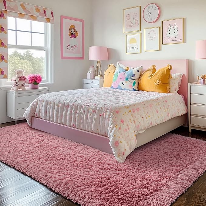 PAGISOFE Blush Pink Fluffy Shag Area Rugs for Bedroom Girls 5x7, Soft Fuzzy Shaggy Rugs for Kids Room Plush Furry Living Room Carpet Girls Teen Dorm Rugs for Home Decor Aesthetic, Nursery