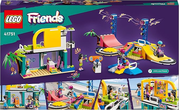 LEGO Friends Skate Park Set 41751, Skateboard Toys for Girls and Boys Ages 6 Plus, Mini-Doll Playset with Toy Scooter and Wheelchair, Birthday Gift Idea for Creative Play