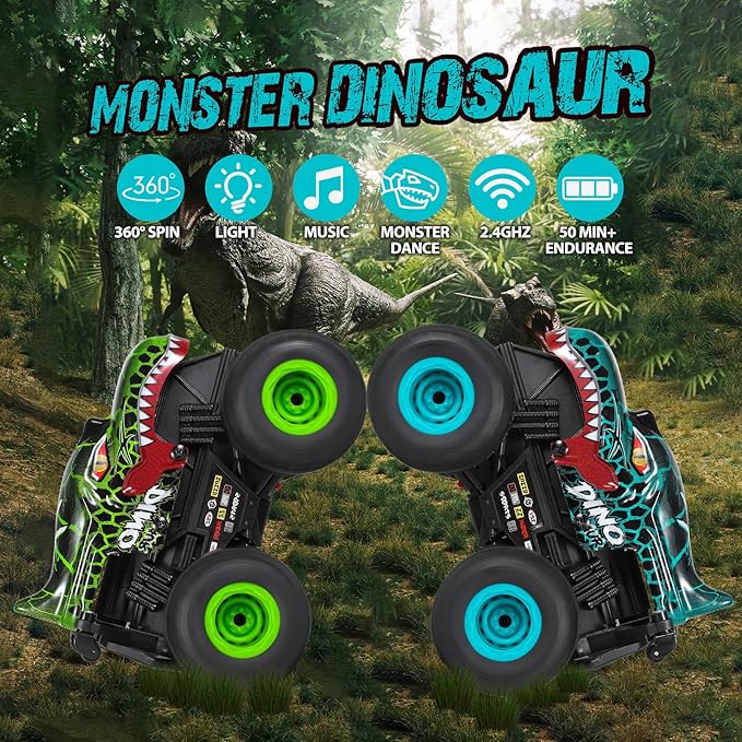 Remote Control Car, 2.4Ghz All Terrain Dinosaur Monster Truck Toys, RC Truck with Music, 3 Lighting Effects, 360 Stunt Capable, All Included Ready to Run, Toy Gifts for Boys and Girls (Cyan)