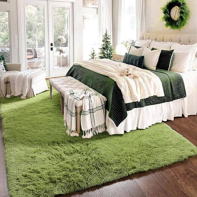 Amdrebio Grass Green Rugs 5x8 for Bedroom Living Room, Fluffy Shag Plush Area Rug for Kids Room Baby Nursery Decor, Modern Fuzzy Floor Furry Cool Shaggy Fuzzy Moss Carpet for Office Dorm Playroom